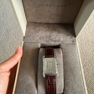 Burberry Silver Watch with Dark Brown Leather Strap